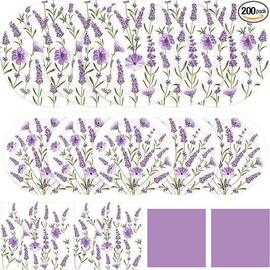Funnymoom 200 Pcs Lavender Floral Party Supplies Kit Purple Disposable Paper Dinner Dessert Plates Luncheon Napkins Beverage Napkins for Spring Summer Birthday Wedding Tea Party Decoration 50 Guests