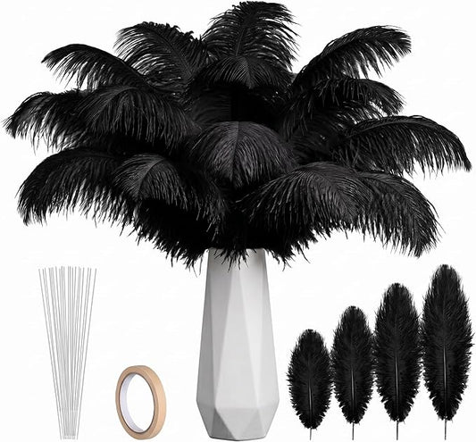 Lamar 201 Pcs Black Ostrich Feathers 14-16'' 12-14'' 10-12'' 8-10'' for Wedding Centerpieces, Includes 100 Iron Wire Stems, Bulk Feathers for Floral Arrangements, Event & Home Decor