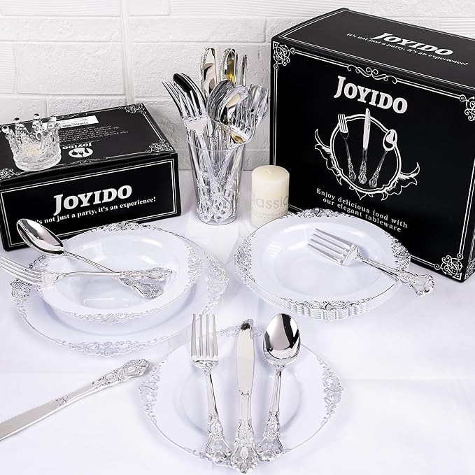 300Pieces Silver Plastic Silverware - Heavy Duty Silver Disposable Utensils - Vintage Plastic Cutlery Set Includes 100 Forks, 100 Spoons, 100 Knives for Dinner Parties Weddings (Pack of 2)