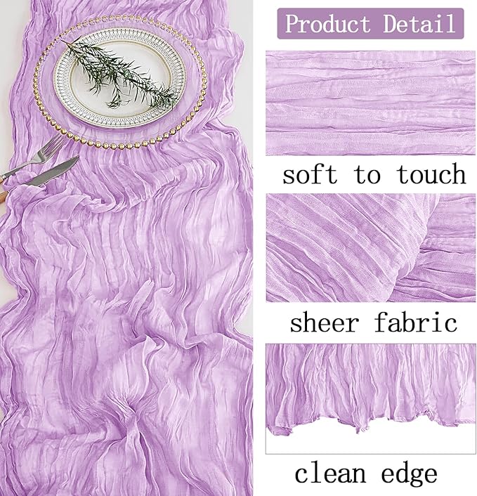 6 Pack Lavender Cheesecloth Table Runner 20 x 120 inch Gauze Table Runners 10 FT Long,Semi Sheer Boho Cheese Cloth Fabric Table Runner Bulk for Wedding,Party,Baby Shower,Bridal Shower Decoration