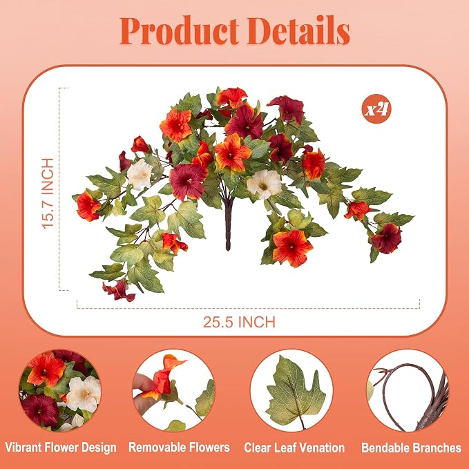 Ammyoo Artificial Fall Flowers Fake Petunias Plants for Outdoor Decoration | 4 Pcs UV Resistant Faux Silk Flowers No Fade Floral for Autumn Garden Balcony Yard Porch Realistic Indoor Decor No watering