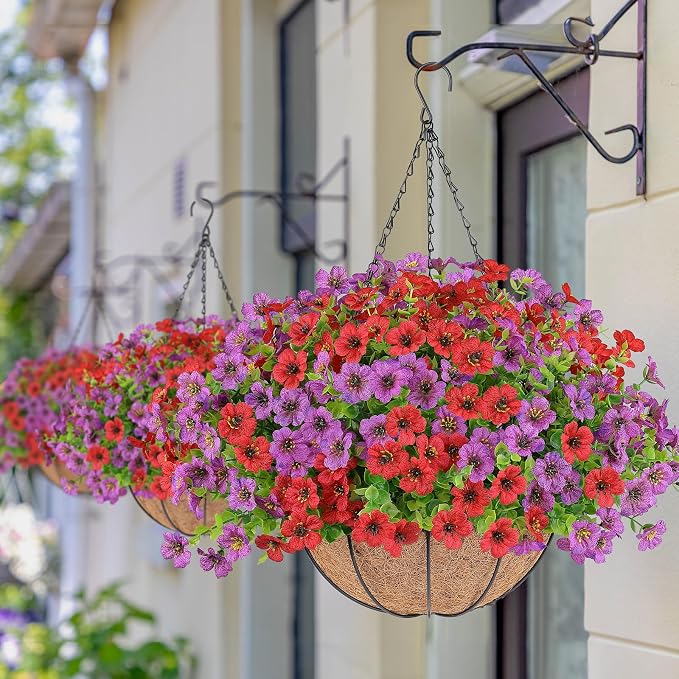 AGIRL Artificial Hanging Flowers with Baskets for Outdoors,UV Resistant Fake Hanging Plants for Outdoor Porch Patio Garden, Realistic Silk Flowers for Spring Summer Home Decor(Red Purple)