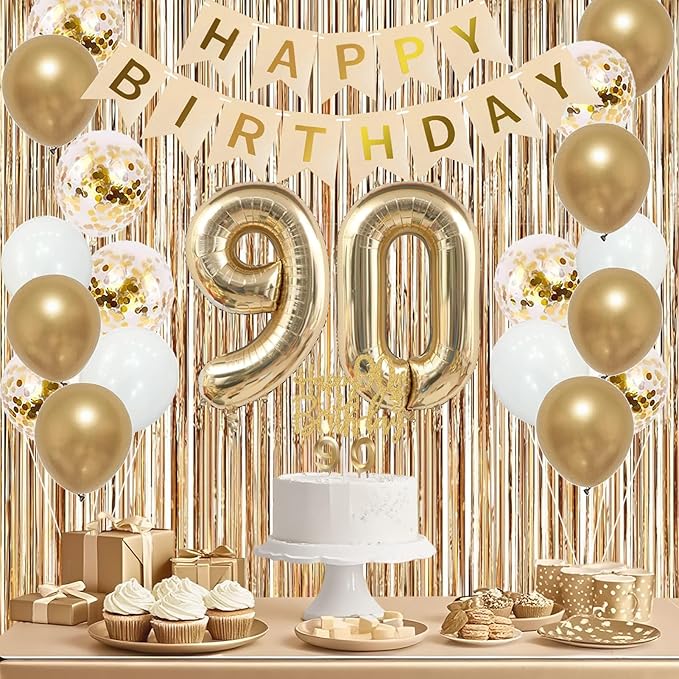 Trgowaul 90th Birthday Decorations for Women, Banner, Sash and Crown, Cake Topper, 90 Number Balloon, Fringe Curtains, Champagne Gold 90th Birthday Party Supplies