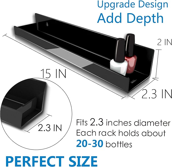 4 Pack 15 Inch Black Acrylic Shelves, Black Kids Floating Bookshelf for Kids Room, Modern Nail Polish Rack Sunglasses Essential Oil Picture Ledge Display Toy Storage Wall Shelf