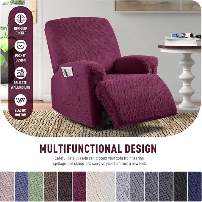 KinCam Recliner Covers, Stretch Reclining Chair Covers, Recliner Sofa Slipcovers Stripe Jacquard Recliner Couch Covers Furniture Protector Covers (1 XL Seater, Burgundy)