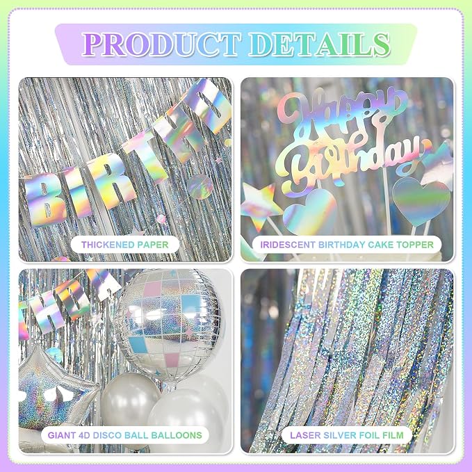 Disco Party Decorations, Iridescent Happy Birthday Star Hanging Banner Cake Topper, Disco Ball Heart Foil Balloons Silver White Confetti Balloon Fringe Curtain for Groovy Birthday Party Decoration