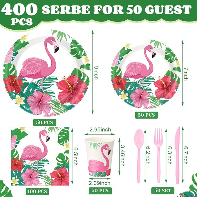 Funnymoom 400 Pcs Hawaii Flamingo Party Supplies for 50 Guests Tropical Flower Disposable Plates Napkins Cups Spoons Forks Knives for Summer Beach Birthday Hawaii Decorations