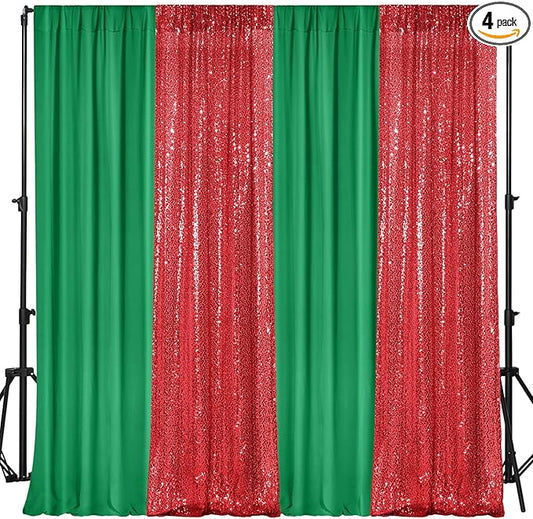 VitalCozy 4 Panels Backdrop Curtains 2 Pcs 4 x 10 ft Sequin Glitter 2 Pcs 7 x 10 ft Chiffon Photo Background Curtains for Graduation Wedding Birthday Party Decorations(Green, Red)