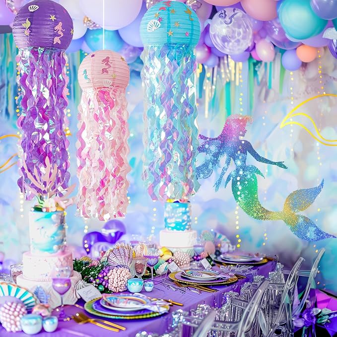 OBXT 12" Colorful Jellyfish Lanterns - Mermaid Birthday Party Decorations, Under the Sea & Ocean Theme Hanging Jellyfish Decor for Classroom, Nautical Events, and Underwater Adventure (Set of 6)