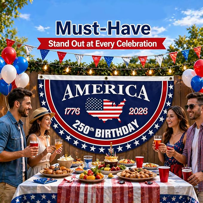 250 Year Anniversary Patriotic Fan Bunting Banner 1776–2026, USA Map Flag Design with Stars, 3x6 FT Large Outdoor Decoration, Brass Grommets, 2 Pack