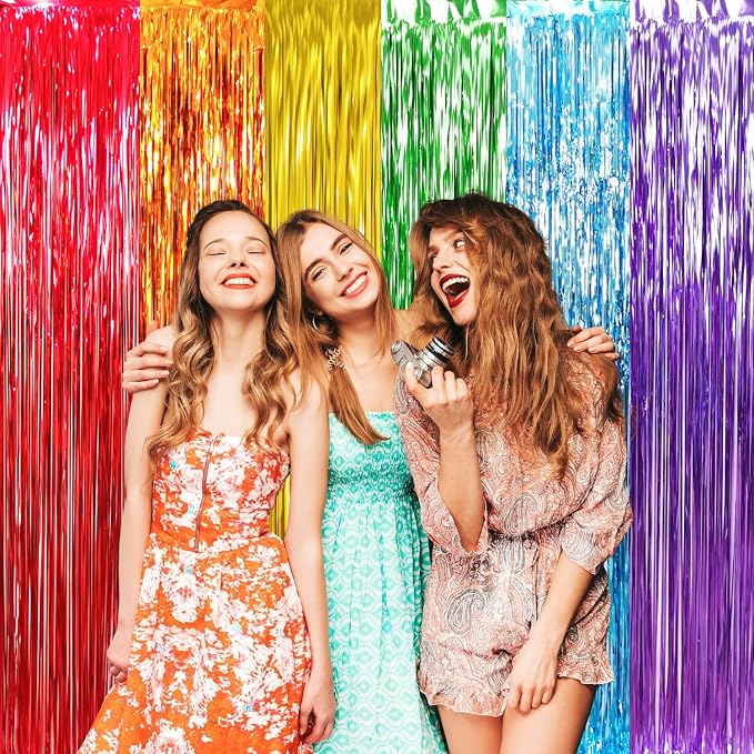 GOER 6.5 ft x 8.2 ft Metallic Tinsel Foil Fringe Curtains,Pack of 2 Party Streamer Backdrop for Birthday,Graduation Decorations and New Year Eve (Rainbow Colors)