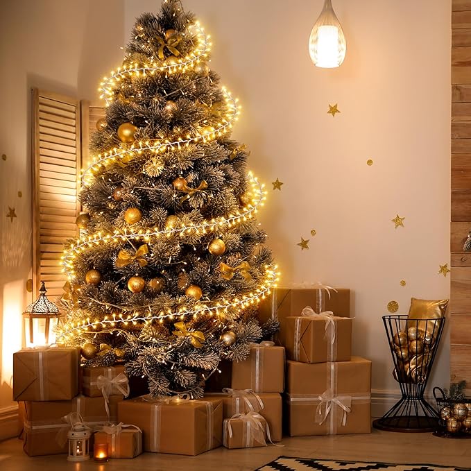 Mudder 49 ft Christmas Tree Garland Lights with Metal Wire Ring 300 LED Fairy String Lights 8 Modes Twinkle Light Battery Operated for Indoor Outdoor Xmas Tree Party Decoration (No Batteries Included)