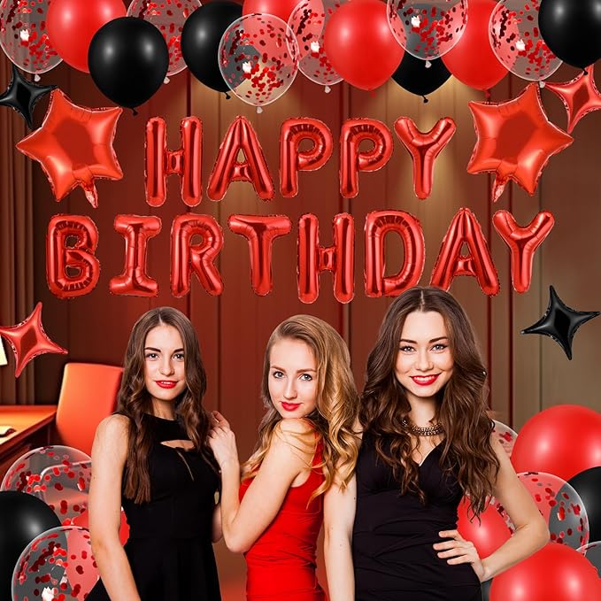 Red Happy Birthday Balloons Decorations Red and Black Birthday Balloon Letters Banner with 6 Pcs Star Balloons 1000 Artificial Rose Petals 24 Flameless LED Candles for Birthday Party Supplies Decor