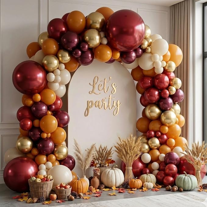 Burgundy Burnt Orange Balloon Arch Kit - Retro Boho Fall Balloon Garland with Metallic Gold Cream for Autumn Fall Harvest Thanksgiving Birthday Baby Shower Party Decorations