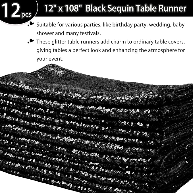 12 Packs Sequin Table Runner Glitter Dining Table Runner for Birthday Wedding Engagement Bridal Baby Shower Bachelorette Holiday Celebration Party Supplies Decorations (12" x 108", Black)