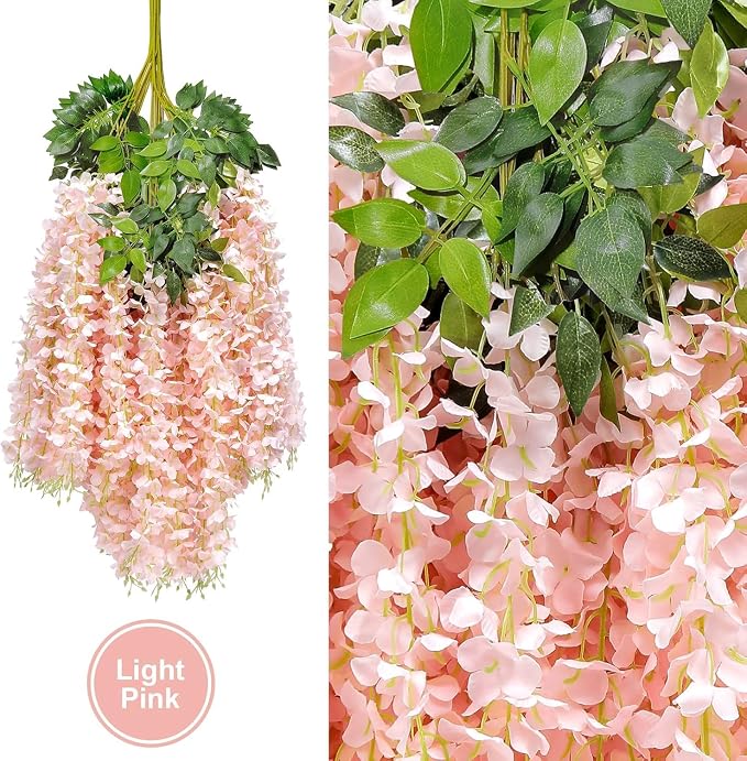 U'Artlines 60 Pack (Total 216 Feet) Artificial Fake Wisteria Vine Rattan Hanging Garland Silk Flowers String Home Party Wedding Decor (60, Light Pink)