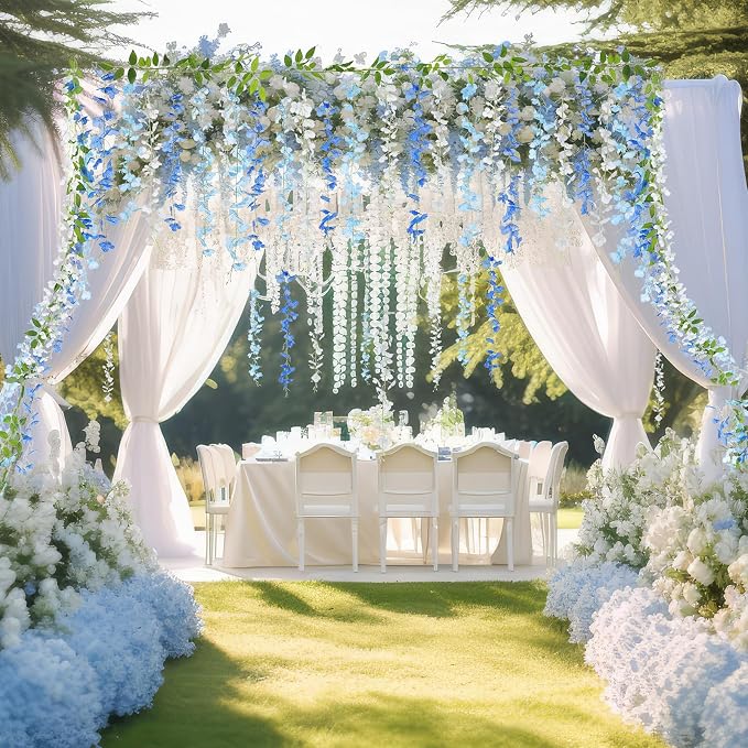 Thiccywoov 8pcs Wisteria Artificial Flowers Garland, 7.2Ft/Piece Wisteria Hanging Flowers Garland for Wedding Arch Decoration Outdoor Ceremony Home Backdrop Garden (Light Blue,Dark Blue,White)