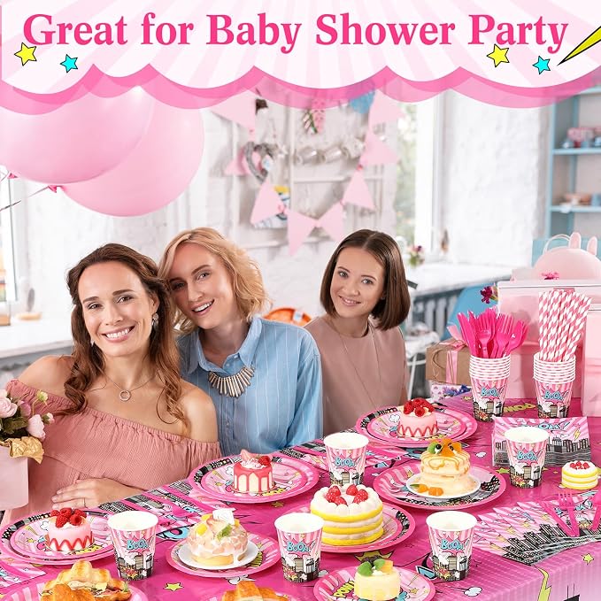 Potchen 452 Pcs Party Supplies Serve 50 Guests, Paper Plates Napkins Cups Cutlery Plastic Tablecloth Dinnerware for Birthday Wedding Party Decoration (Bright Pink, Hero)