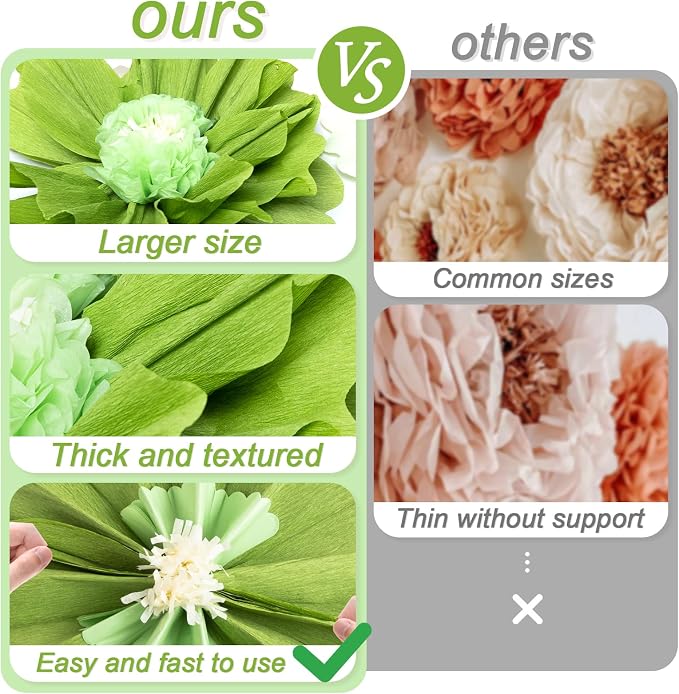 SUNBEAUTY 4 PCS 20" Sage Green Giant Paper Flowers Large Crepe Paper Tissue Flowers Artificial Decorations for Spring Summer Flower Wall Backdrop Birthday Party Wedding Baby Shower Bridal Easter Decor