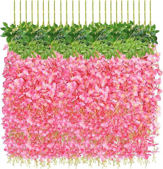 24 PCS Wisteria Hanging Flowers, 3.6ft Fake Wisteria Vines Artificial Wisteria Garland Silk Flower String for Wedding Arch Garden Party Home Ceiling Wall Backdrop Tent Decoration (Pink)