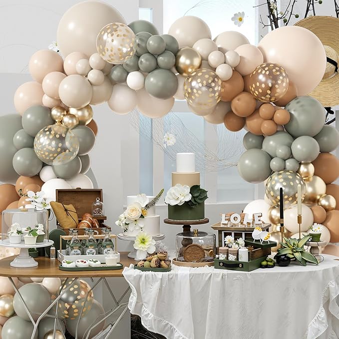 Amandir 173Pcs Dusty Green Nude Balloon Arch Garland Kit, Blush Cream White Sand Avocado Green Brown Gold Confetti Balloons for Neutral Shower Gender Reveal Wedding Birthday Party Decorations