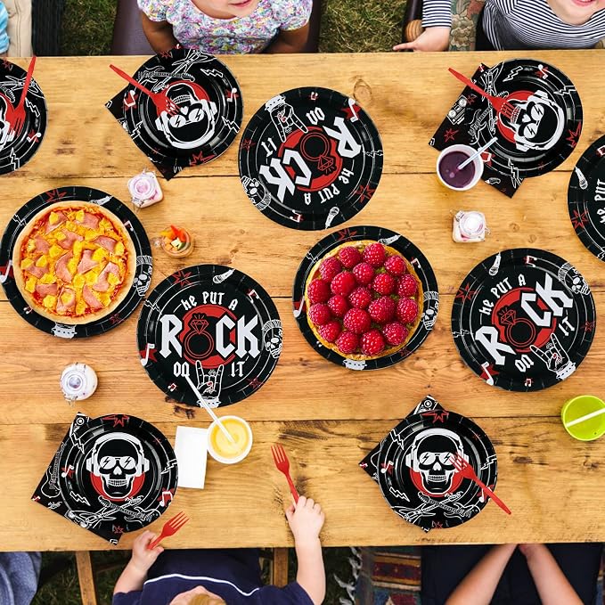 96Pcs Rock and Roll Party Decorations He Put A Rock On It Plates and Napkins Rock N Roll Tableware Sets for Boys Girls Bachelor Rockstar Guitar Music Theme Born to Rock Party Decorations Supplies