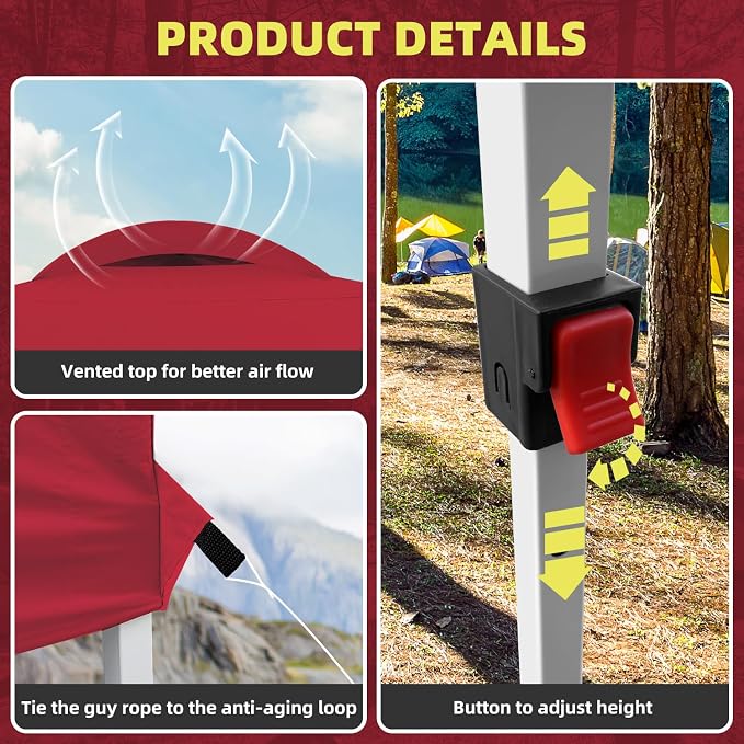Durable 10 x 10 Pop-up Canopy Tent with 1 Sidewall, Portable Instant Camping Beach Canopy Tents, Red