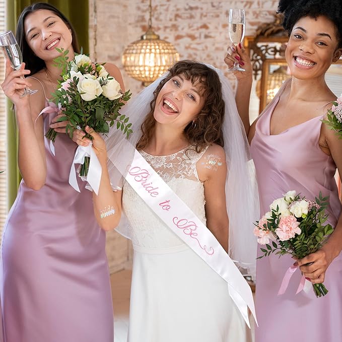 Elegant Bride to Be Sash Set – Embroidered Sash, Plain Veil & Temporary Tattoos – Bridal Shower Hen Night Bachelorette Party Accessories