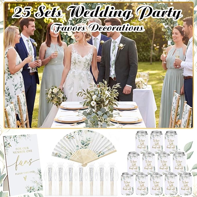 Hoteam 25 Sets Eucalyptus Leaf Wedding Party Favors for Guests Bulk Including Green Can Cooler and Paper Folding Fans with Wedding Decor Table Sign Cheers to Love for Bridal Shower Party Souvenir