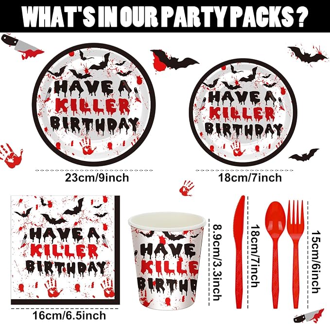 168 Pcs Have a Killer Birthday gathering Supplies Horror Birthday Tableware Set Bloody Handprint Disposable Paper Plates Cups Utensils Servers 24 for Halloween Spooky Horror Themed