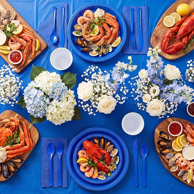 352 Pcs Blue Plastic Plates Party Set, 50 Guests Disposable Dinnerware Set with Deep Blue Tablecloths, Classic Blue Plastic Plates Party Set for Wedding/Anniversary/Nautical Party/Men's Event