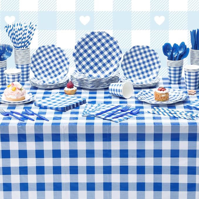 Funnymoom 452 Pcs Blue Gingham Party Supplies for 50, Dark Blue and White Gingham Checkered Paper Plates Napkins Cups Tablecloth Cutlery Straws for Birthday Family Picnic Barbecue Party Decoration