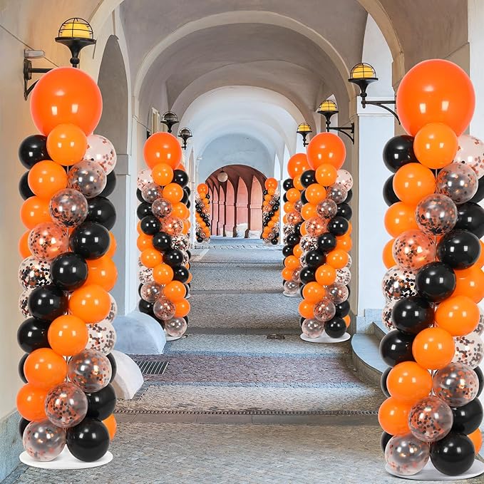 2 Sets Orange and Black Balloon Column Stand Kit with 100 Balloons Adjustable Balloon Tower Stand with Bases for Floor Black Orange Confetti Balloon Column Kit for Valentine Birthday Party Decor