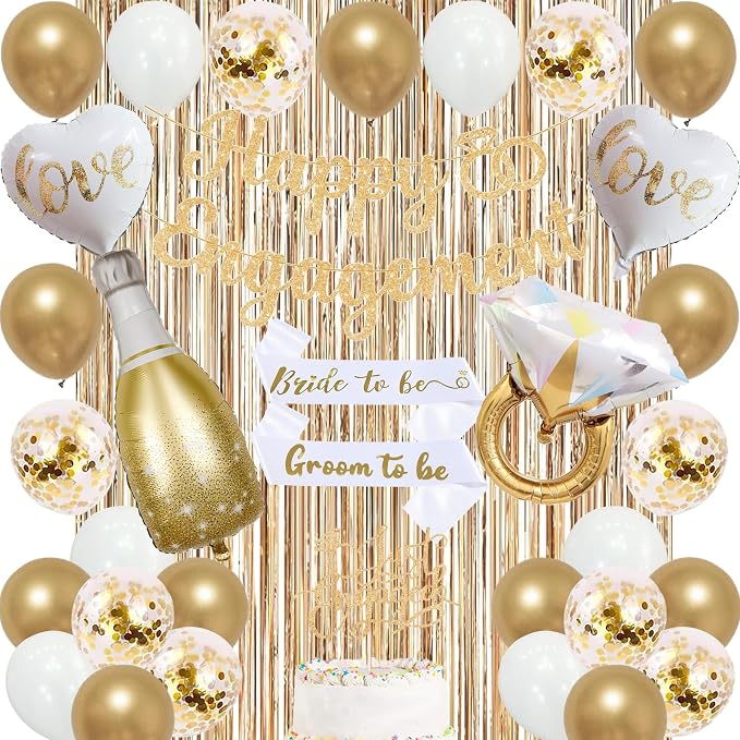Trgowaul Champagne Gold Engagement Party Decorations, Happy Engagement Banner Backdrop, Bride&Groom Sash for Bridal Shower, Ring Foil Balloon, Just Engaged Cake Topper Wedding Shower Decor