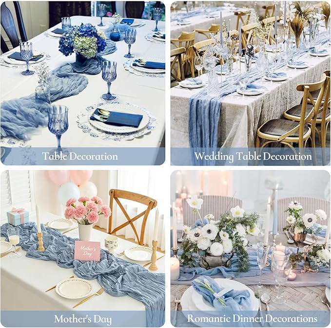 10 Pack Dusty Blue Cheesecloth Table Runner 35x120 Inch, Easter Spring Boho Rustic Semi-Sheer Gauze Cheese Cloth Table Runner for Wedding Bridal Baby Shower Birthday Party Decor