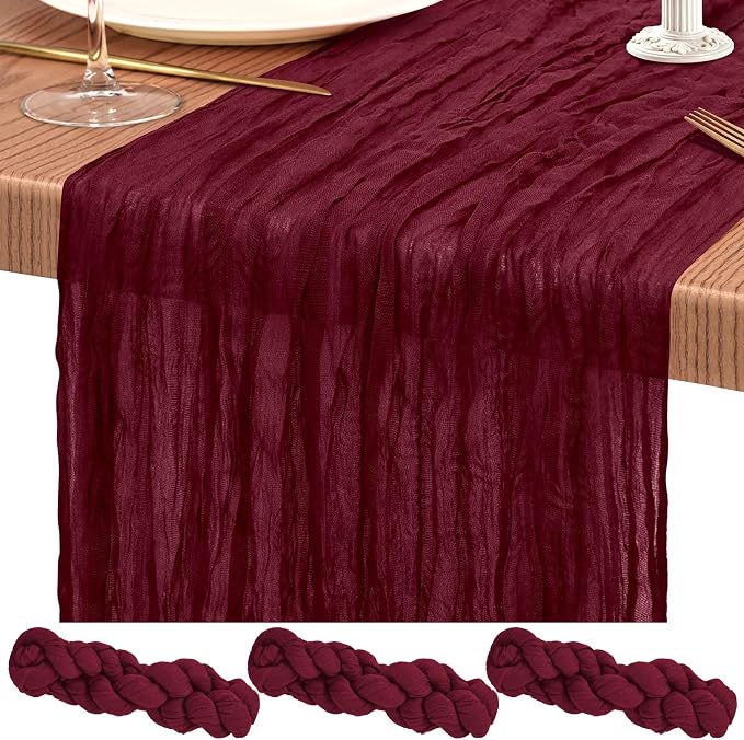 3 Pack Cheesecloth Table Runner 10FT Burgundy Red Table Runner Boho Gauze Cheese Cloth Table Runners Long Rustic Sheer Table Decorations for Wedding Party Baby Bridal Shower Birthday Holiday Home