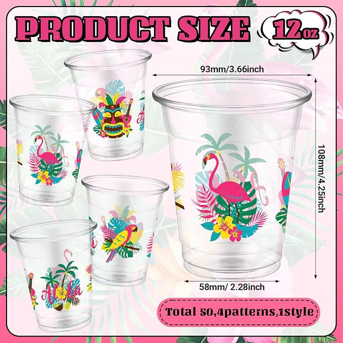 FoldTier 50 Pcs Summer Hawaiian Cups 12 oz Plastic Tropical Luau Glasses Clear Tiki Beach Disposable Glasses Flamingo Drinking Cups for Home Kitchen Summer Tiki Theme Party Favors Supplies Decoration