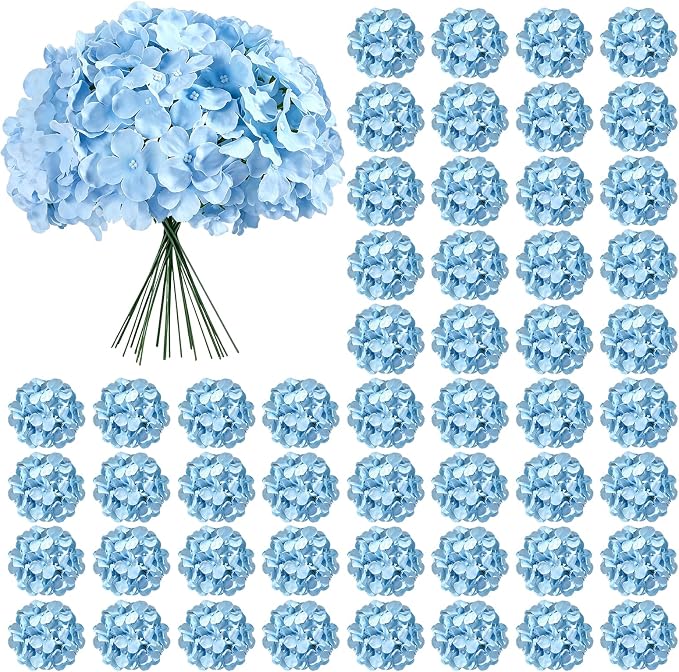 Auihiay 64pcs Blue Hydrangea Artificial Flowers, Silk Artificial Hydrangea Flowers with Stems, Full Hydrangea Flowers for Wedding Centerpieces, Home, Outdoor, Garden, Party Decoration