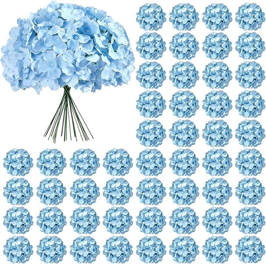 Auihiay 64pcs Blue Hydrangea Artificial Flowers, Silk Artificial Hydrangea Flowers with Stems, Full Hydrangea Flowers for Wedding Centerpieces, Home, Outdoor, Garden, Party Decoration