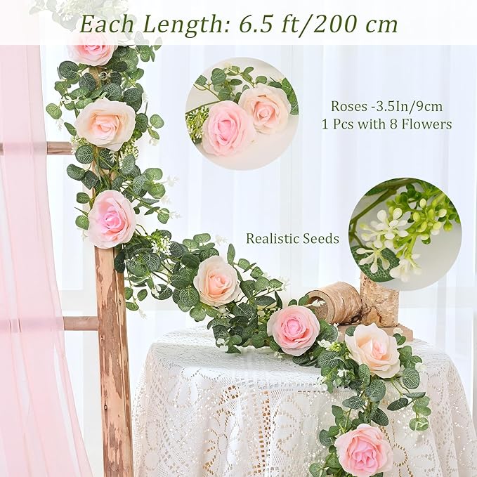 Dolicer 4Pcs 26 Ft Artificial Eucalyptus Garlands with Flowers - 8 Roses, Faux Floral Greenery Garlands Fake Flowers Vines for Wedding Table Centerpieces Arch Party Ceremony Backdrop Decor (Pink)