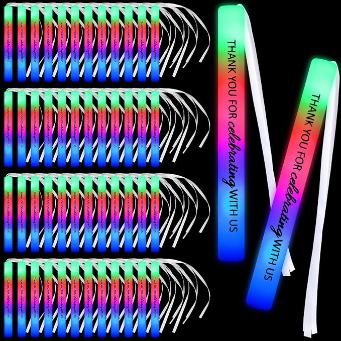 JellyArch 100 Pack Wedding Glow Sticks for Reception LED Foam Light up Sticks with Ribbon Light Stick Bulk with 3 Modes Colorful Flashing for Wedding Send Off Party Favors, Dance Floor, Birthday