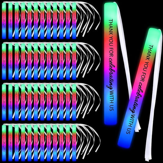 JellyArch 50 Pack Wedding Glow Sticks for Reception LED Foam Light up Sticks with Ribbon Light Stick Bulk with 3 Modes Colorful Flashing for Wedding Send off Party Favors, Dance Floor, Birthday