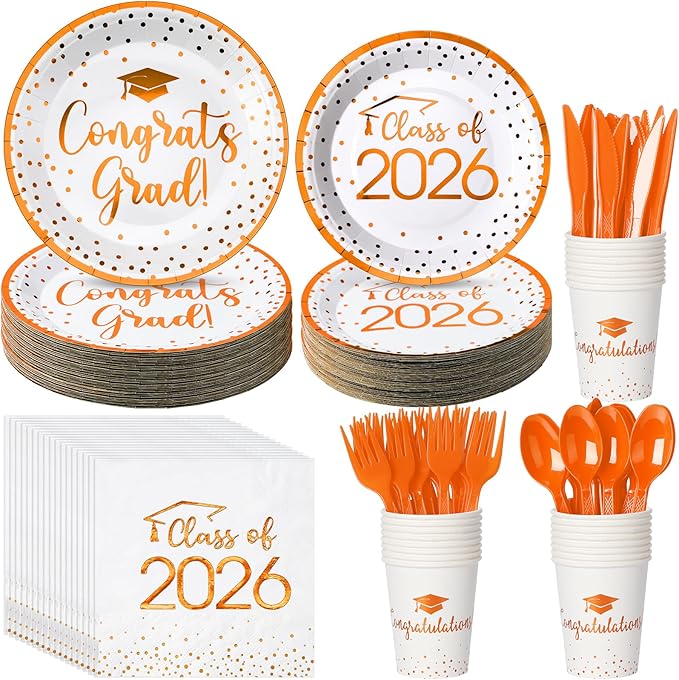 350pcs Class of 2026 Graduation Plates and Napkins Set, Disposable Paper Plate Set Polka Dots Napkins Cups Knife Fork Spoon for Graduation Party Decorations and Supplies,Serve 50 (White Orange)