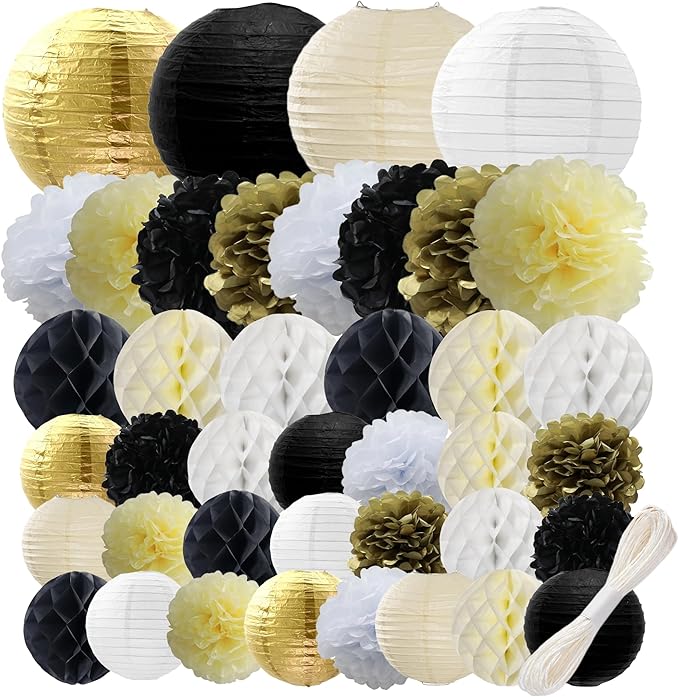 WOLHOWLTD Black Gold White Paper Decoration Set - 40Pcs Paper Lanterns, Pompoms, Honeycomb for Wedding,Retirement, Birthday, Graduation, Engagement,New Year Home Decoration(Gold Black Beige White)