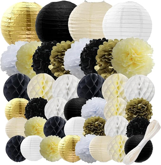 WOLHOWLTD Black Gold White Paper Decoration Set - 40Pcs Paper Lanterns, Pompoms, Honeycomb for Wedding,Retirement, Birthday, Graduation, Engagement,New Year Home Decoration(Gold Black Beige White)