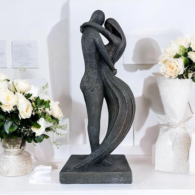 Top Brass Eternal Embrace Romantic Couple Sculpture – 12 1/2” Resin Lovers Statue (Graphite Kiss & Moon-wash Limestone) – Modern Home Décor Wedding Anniversary Love Art (Graphite Kiss)
