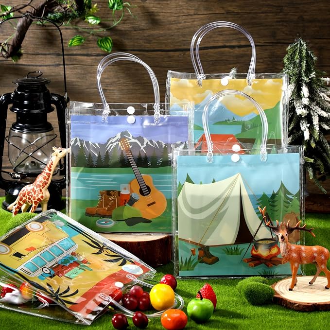 Teenyyou 24 Pcs Camping Theme Clear Gift Bags with Handles Outdoor Adventure Transparent Tote Bags Reusable PVC Gift Container for Camping Theme Party, Bridal Shower, Birthday Party Favors