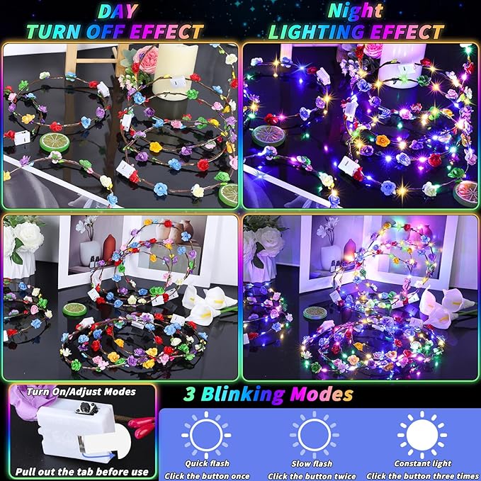 80 Pcs LED Flower Crown Headband Glow Floral Wreath Crown for Women Light Up Flower Headband Glow in the Dark Hair Accessories for Wedding Birthday Cosplay Beach Party Favor