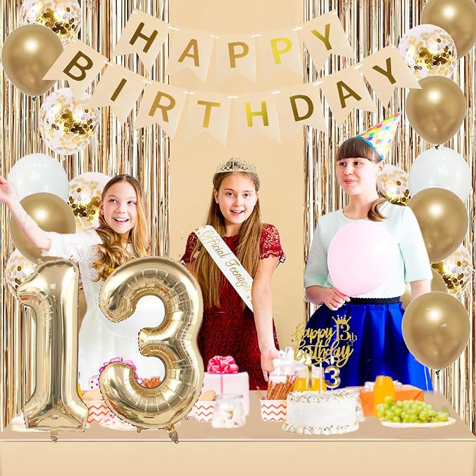 Trgowaul 13th Birthday Decorations for Girls, Banner, Sash and Crown, Cake Topper, 13 Number Balloon, Fringe Curtains, Champagne Gold 13 Birthday Party Supplies