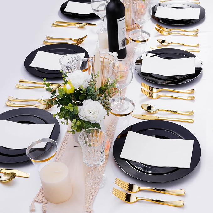 Bestluck 100PCS Black Plastic Plates, Black Disposable Plates for 50 Guests, 50 Dinner Plates 10.25 inch and 50 Dessert Plates 7.5 inch for Party, Graduation, Wedding